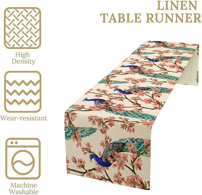 Peacock Table Runner,Spring Floral Peacock Birds Table Runner for Home Kitchen Dining Party Indoor Outdoor Decoration 13x70 Inch
