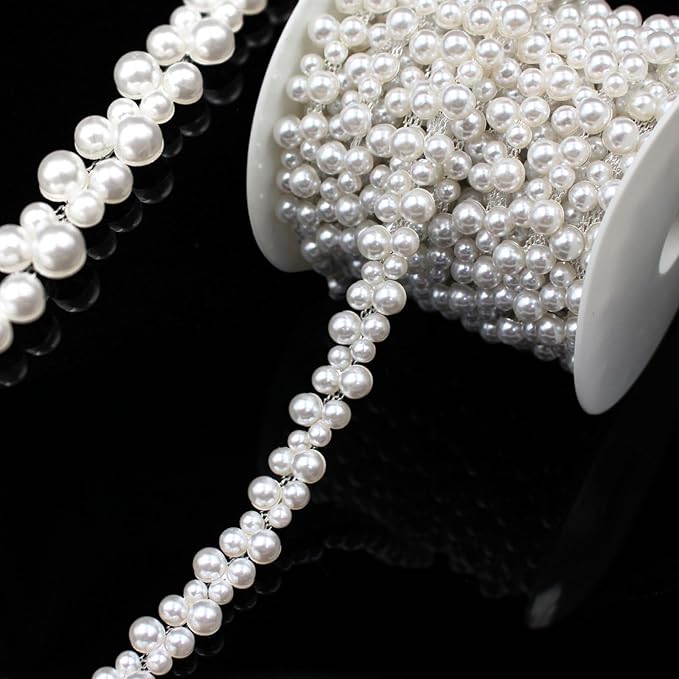 2 Yard Pearl Trim Chain String Silver Applique Fringe Ribbon Strips Beads Sewing Dress DIY Party Wedding Bouquet for Decoration Bridal Costume Embellishment