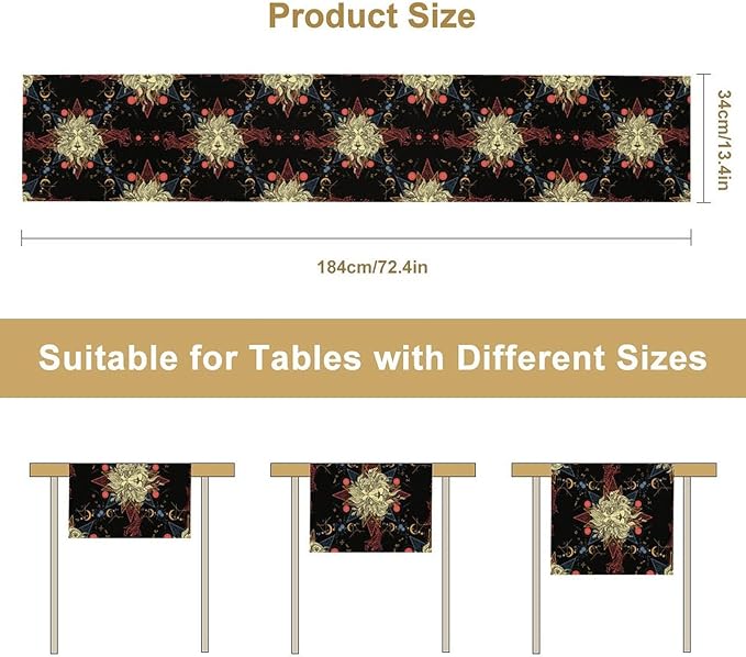 Boho Moon Lion Table Runner, Chinese Fish Phase of The Moon Sun Moon Table Runner for Kitchen Dining Table Home Party,13x60 Inch Black Red