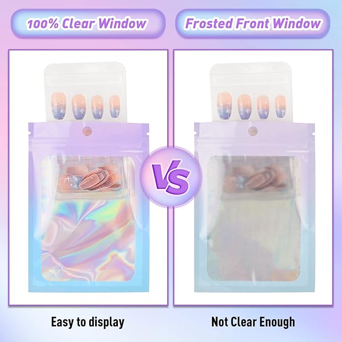 Funfery 100 Pack Gradient Holographic Bags,Mylar Resealable Bag with Zipper,Clear Window Packaging Pouch,Smell Proof Bags for Food Storage,Sample Jewelry Baggies(5.5x7.9In,Purple Blue)