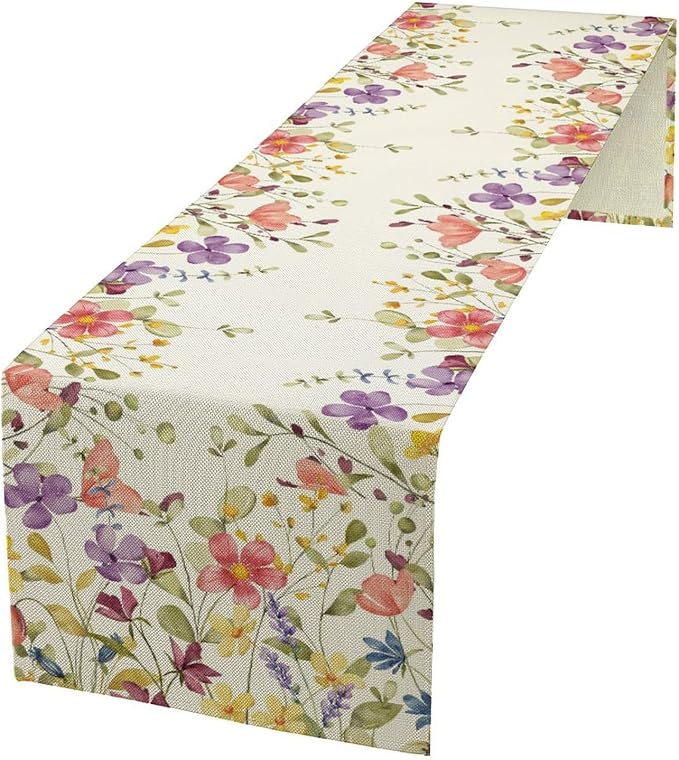 Floral Table Runner,Flowers Plant Print Spring Table Runner for Kitchen Dining Table Decoration for Home Party Decor 13x60 Inch