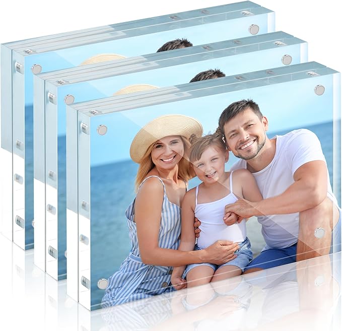 HOUSE DAY Acrylic Picture Frames 5x7, 3 Pack Magnetic 5x7 Picture Frame, Double Sided Clear 5 x 7 Photo Frame with Microfiber Cloth, Frameless FreeStanding 5x7 Frame Gift for Desktop Display