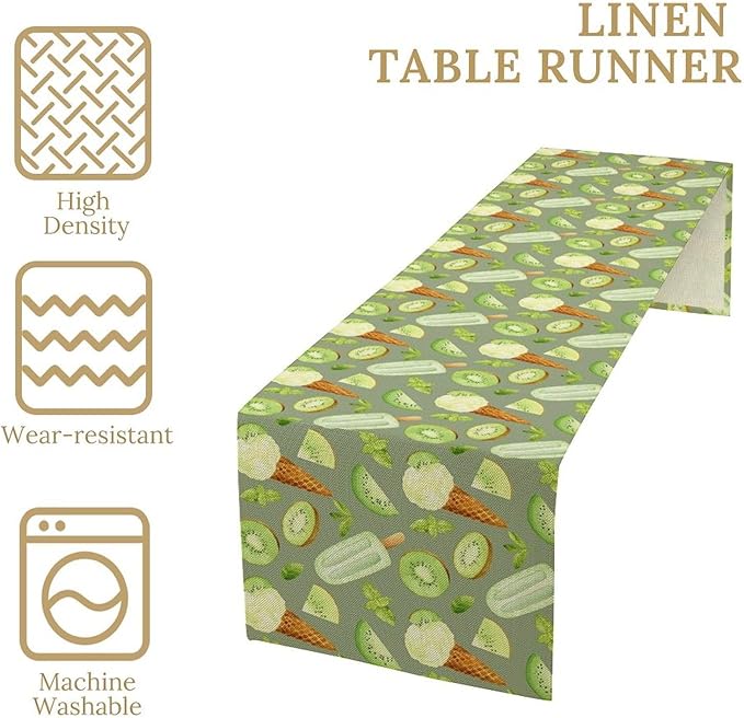 Summer Ice Cream Popsicles Table Runner, Watercolor Green Kiwi Seasonal Fruit Sweet Dessert Dinner Runner for Party Holiday Home Kitchen Dining Table Decor 13"x36"