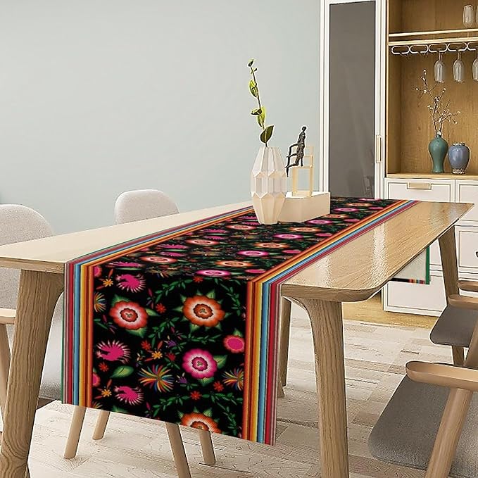 Mexican Table Runner,Colorful Flowers Cinco De Mayo Decor Table Runner for Kitchen Dining Table Home Party Decoration 13x36 Inch