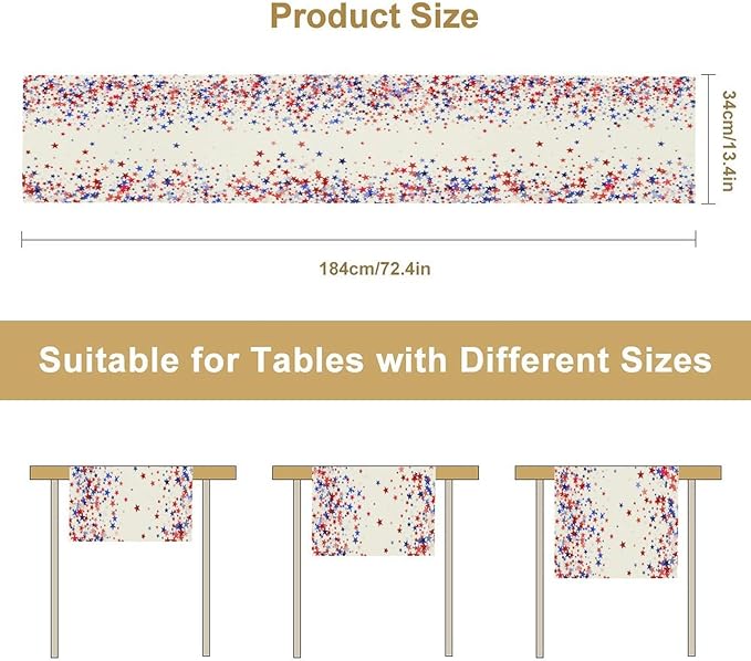 Independence Day Table Runner, 4th of July Red Blue Stars American President Day Holiday Confetti Print Table Cover for Kitchen Dining Table Indoor Outdoor Party, 13x108inch