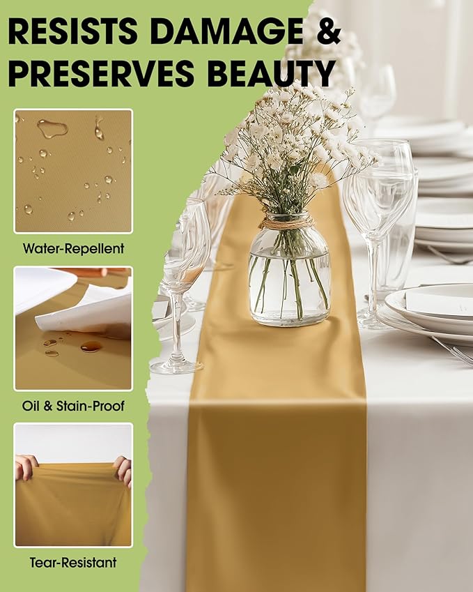 Pureegg Gold Plastic Table Runners - 10 Pack, 14'' x 108'', Water Resistant & Disposable Centerpiece Decorations for Table Cloth, Wedding, Birthday, Holiday, Baby Shower, Party, Home Decor