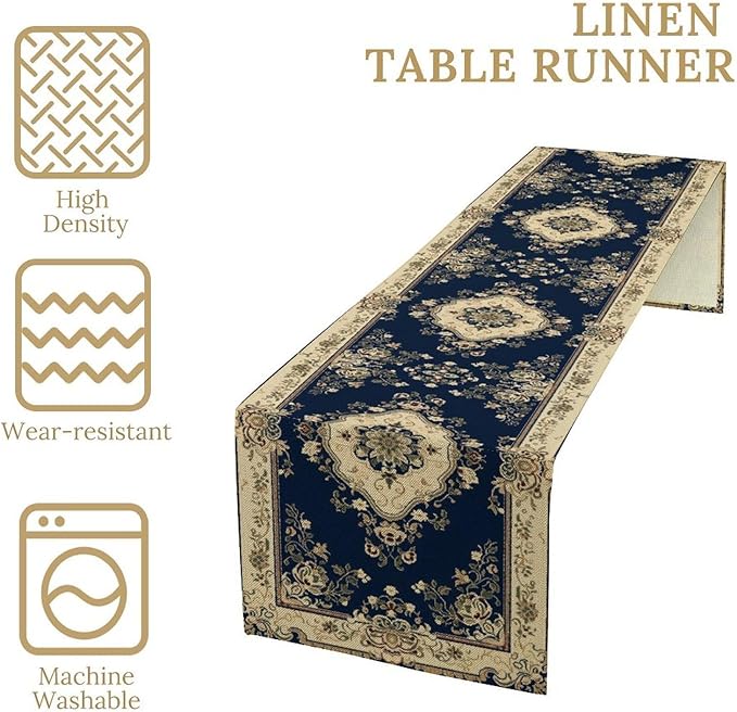 Vintage Elegant Farmhouse Table Runner Blue Beige Flower for Home Farmhouse Kitchen Table Dining Coffee Room Garden Party Wedding Decor 13x60in