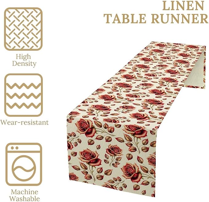 Retro Rose Table Runner, Romantic Love Elegant Plant Red Golden Flower Print Table Runner for Kitchen Dinning Table Runner Decor Home Wedding Party Holiday, 13x90 Inch