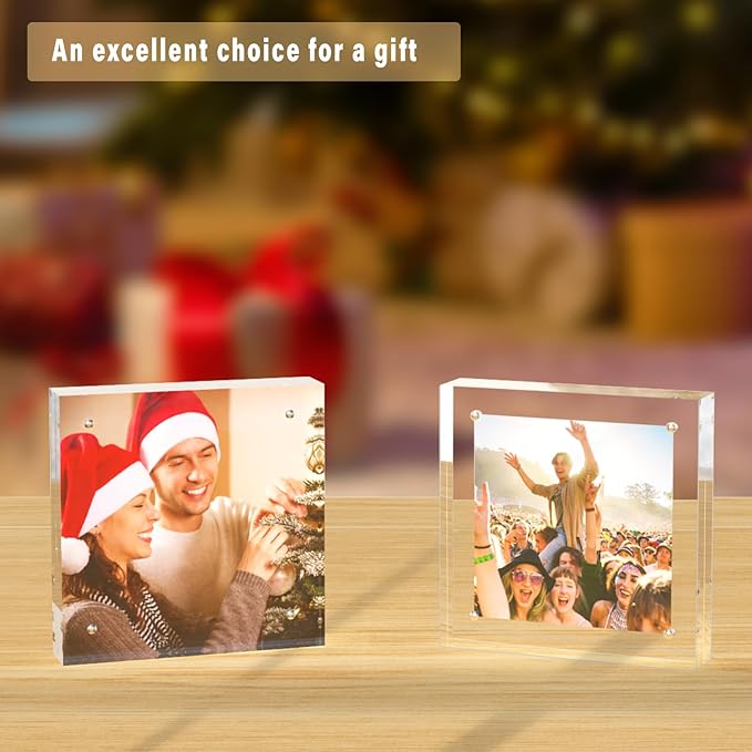 HELPLEX 5 Pack 8x8 Acrylic Picture Frames, 24mm Thicker Square Frameless Clear Frame Double Sided Magnetic Frame, Free Standing Desktop Display Stand