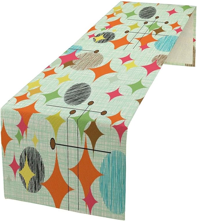 Mid Century Table Runner,Abstract Retro Modern Geometric Colorful Stripe Pattern Print Tablecloth Burlap for Hotel Indoors Outdoor Dining Room Kitchen Holiday Party, 13x70in