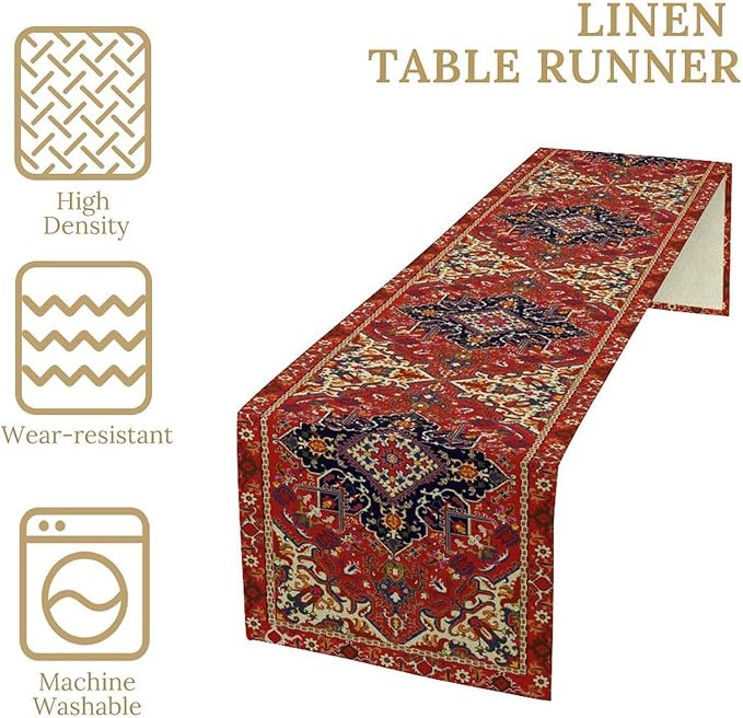 Boho Old French Table Runner, Vintage Red Beige Retro Flower Rustic Country Style Floral Print Pattern for Home Kitchen Table Decor Dining Coffee Room Garden Party Decor 13x120in