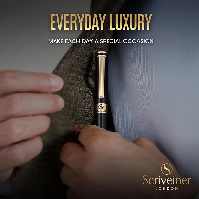 Scriveiner Black Lacquer Fountain Pen - Stunning Luxury Pen, Real Gold Finish, Schmidt Gilded Nib (Extra Fine), Best Pen Gift Set for Men & Women, Professional, Executive, Office, Nice Pens