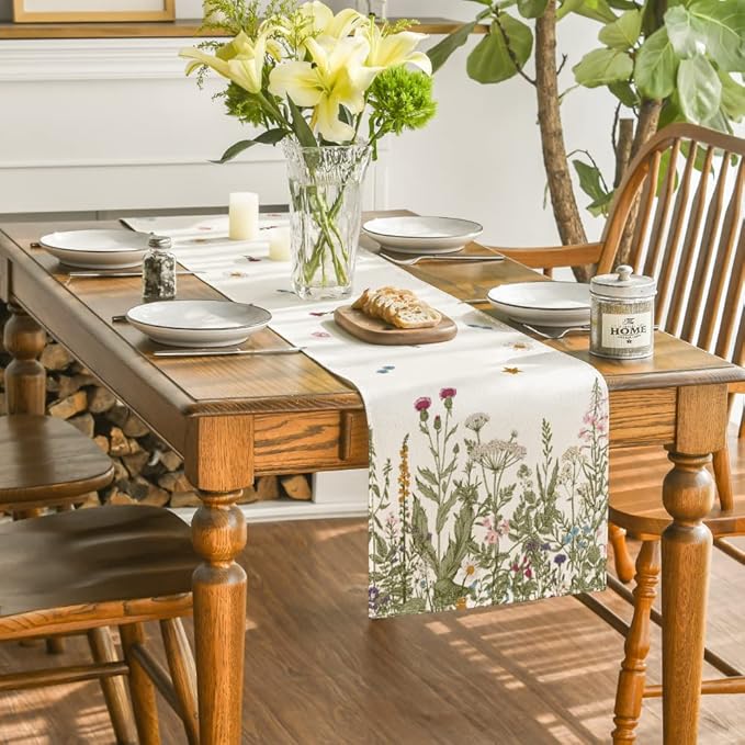 Artoid Mode Antique Herbs and Wild Flowers Summer Table Runner, Spring Fall Kitchen Dining Table Decoration for Home Party 13x36 Inch