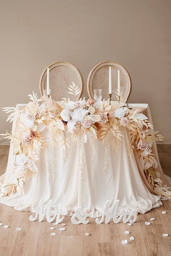 Ling's Moment 9FT Flower Garland for Backdrop Decorations - Wedding Arch Flowers, Eucalyptus & Rose, Artificial Floral Garland for Mantel - Sweetheart Table Decor for Ceremony Reception, White & Beige