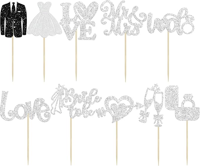 Ephlyn 30Pcs Bride to be Cupcake Toppers Glitter Diamond Ring Love I Do Cupcake Picks for Miss to Mrs Bridal Shower Wedding Engagement Bachelorette Cupcake Decorations Party Supplies Silver