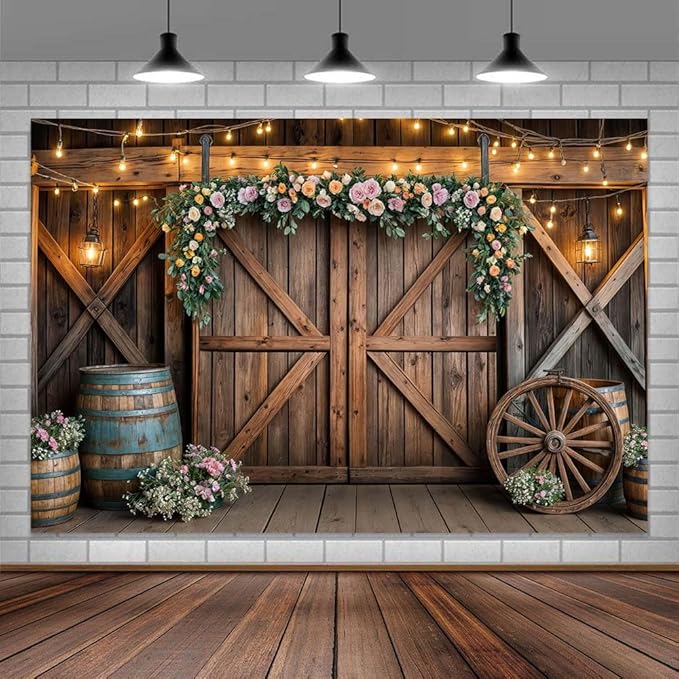5x3ft Country Wedding Photography Backdrop Rustic Barn Door Photography Backdrop Farmhouse Pink Flower Cabin Wooden Birthday Baby Shower Wedding Bridal Party Banner Photo Booth Props Background