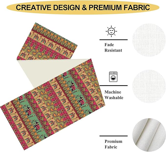 Boho Table Runner, Indian Bohemian Elephant Mandala Paisley Floral Hippie Art Print Table Center Decor for Home Kitchen Dining Patio Holiday Party Indoor Outdoor Table Decorations, 13"x90" Inch