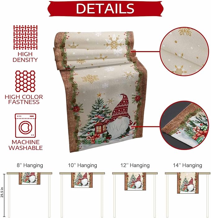 Christmas Gnomes Cotton Linen Table Runner for Dining Kitchen, Xmas Pine Tree Snowflake Rustic Wedding Outdoor Party Tablerunners Decoration, Retro Wood Dresser Scarf Tablecloth Runners 13x70 Inches
