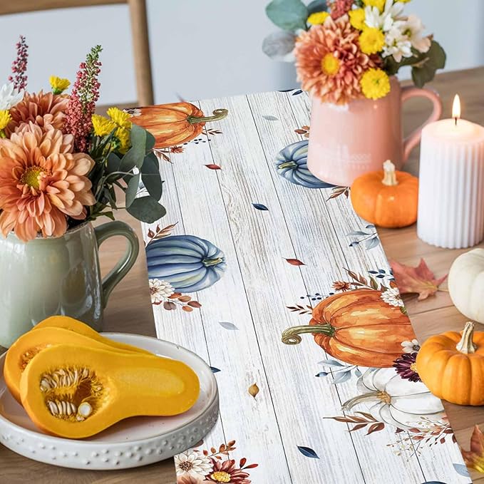 Thanksgiving Fall Cotton Linen Table Runner for Dining Kitchen, Pumpkins Eucalyptus Wedding Outdoor Party Tablerunners Decoration, Farmhouse Wooden Dresser Scarf Coffee Tablecloth Runners 13x72 Inches
