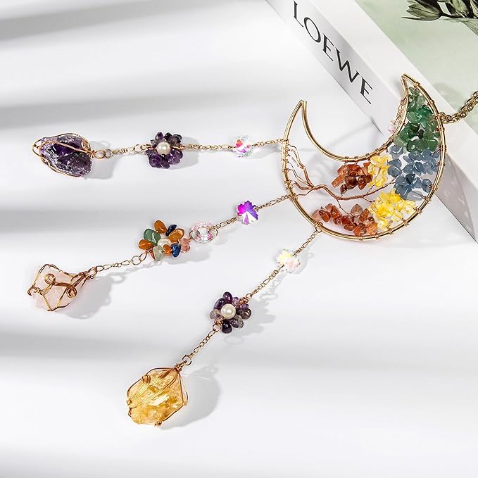 TUOKING Colorful Crystal Moon Suncatchers for Window Hanging Tree of Life Natural Healing Stones Wind Chimes Sun Catcher Rainbow Maker Good Luck Gifts Decor for Home Garden