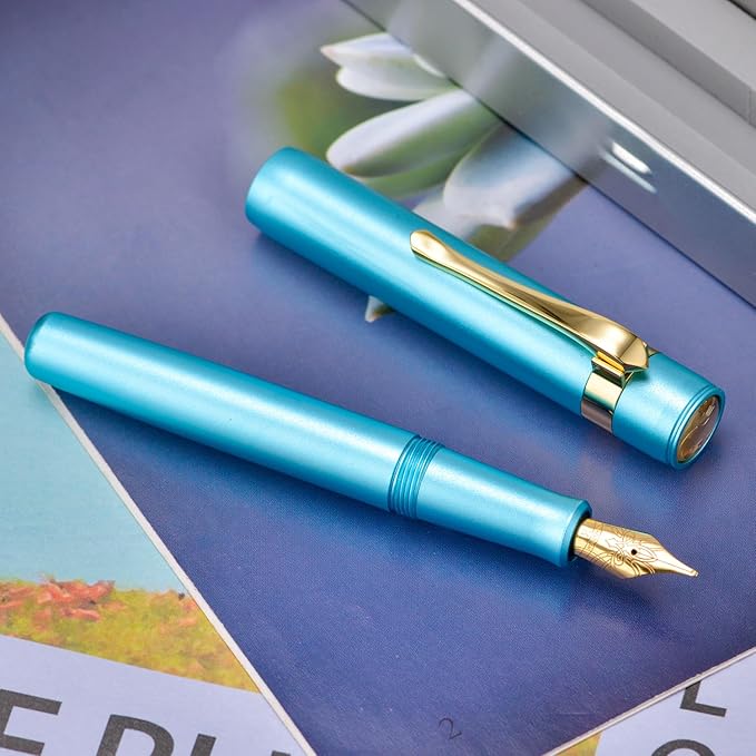 HONG DIAN M2 Black Forest Mini Fountain Pen, Long Blade Nib & Sleek Shape Aluminium Short Pocket Travel Pen (Lake Blue)