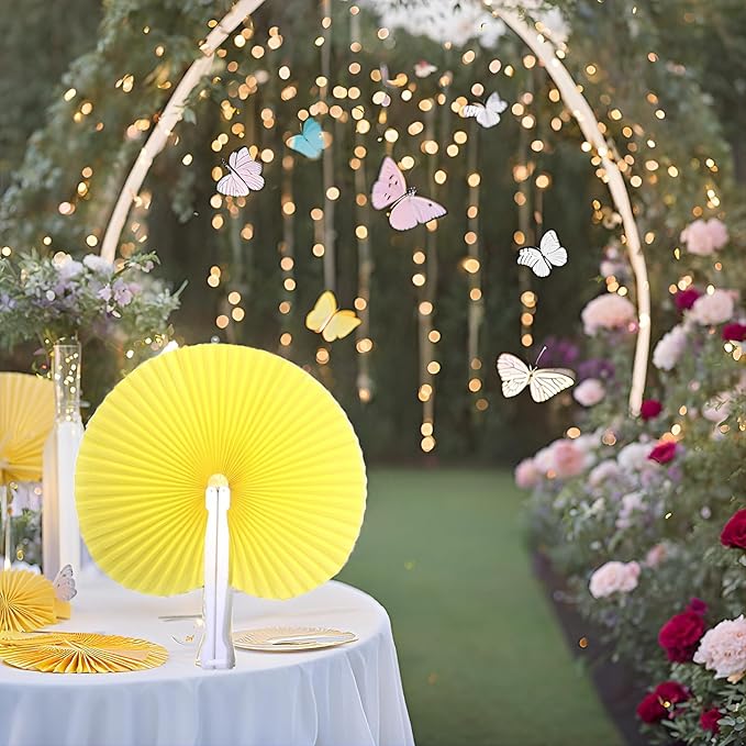 12 Packs Decorative Paper Folding Hand Fans Handheld,Yellow Round Foldable Wedding Fans Chinese and Japanese Fans Bulk for Bridal Guest Church Party Favors Dancing Birthday DIY