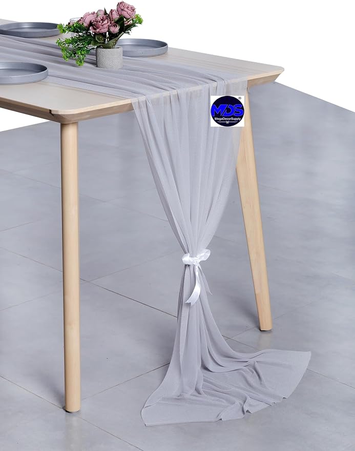MDS Halloween Chiffon Table Runner - 20 Pack, 29 x 120 Inches, 10ft Each - Sheer Spooky Table Runners for Haunted House Parties, Trick-or-Treat Tables, Witchy Décor, Wedding & Events - Cool Gray