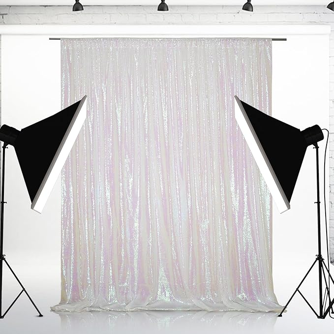 Eternal Beauty White Iridescent Sequin Backdrop, 6x6 Ft Glitter Background Curtains for Shimmer Photography Party Wedding Birthday Back Drop Decor