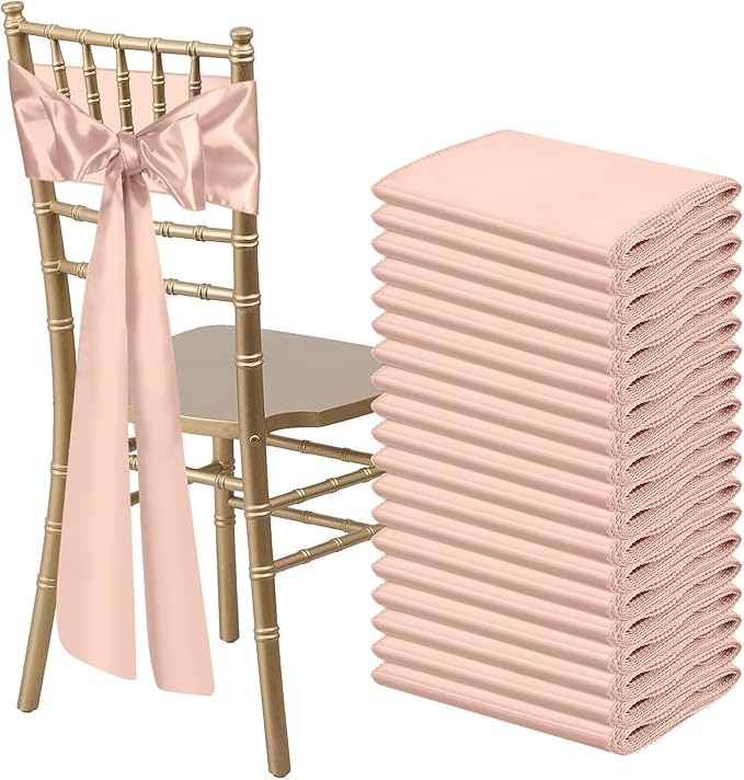 50 PCS Blush Pink Satin Chair Sashes Bows Universal Chair Ribbon Ties Back Sash for Wedding Party Reception Events Banquets Hotel Event Chair Cover Decoration (7x108 inch)