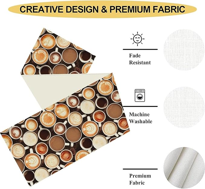 Coffee Theme Table Runner, Farmhouse Coffee Cup Latte Cappuccino Tea Party Rustic Cafe Table Center Decor for Home Kitchen Dining Patio Holiday Party Indoor Outdoor Table Decorations,13"x72" Inch