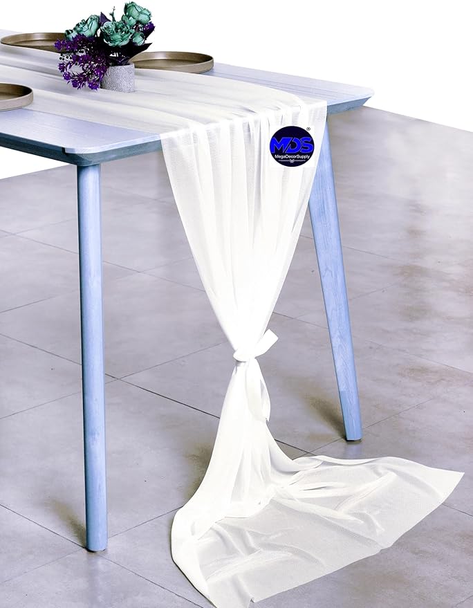 MDS 10 Pack 10ft Chiffon Table Runner 29 x 120 Inches Sheer Wedding Runner Romantic Rustic Table Runner for Wedding Decorations, Birthday Parties, Bridal Shower Party Arch Decor - Ivory