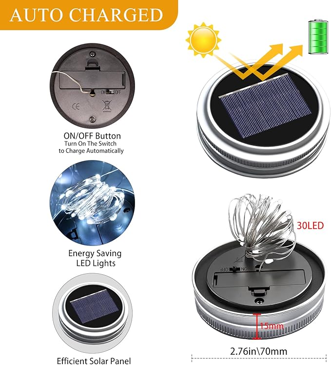 ZNYCYE Solar Mason Jar Lights, 6 Pack 30 LED Waterproof Solar Fairy Firefly Jar Lids String Lights with Hangers(NO Jars) for Outdoor Lawn Patio Garden Yard Wedding Decoration - Cool White