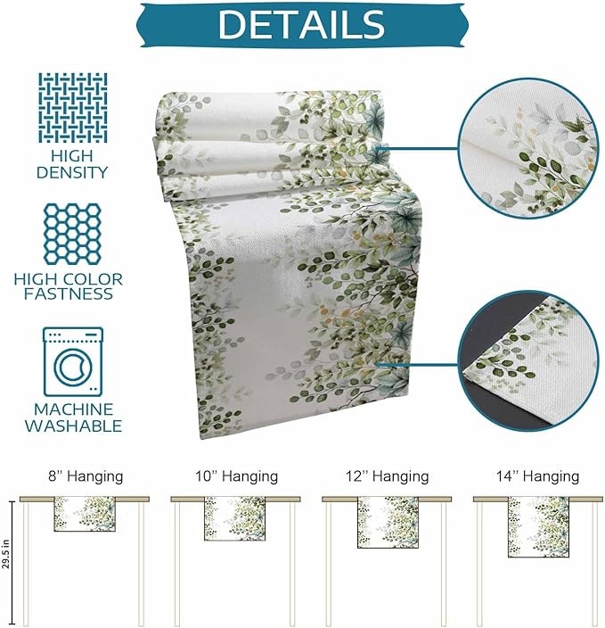 Sage Green Eucalyptus Cotton Linen Table Runner for Dining Kitchen, Farmhouse Leaves Wedding Outdoor Party Tablerunners Decoration Botanical Floral Dresser Scarf Coffee Tablecloth Runners 13x72 Inches