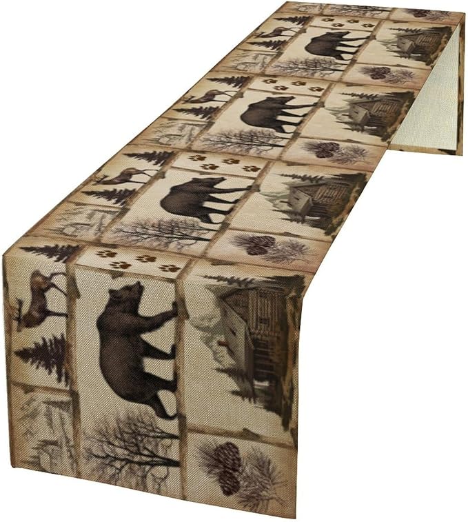 Rustic Cabin Table Runner, Retro Moose Cone Deer Bear Farmhouse Lodge Table Runner for Dinner Living Room Kitchen Vintage Country Cottage 13x120 Inch