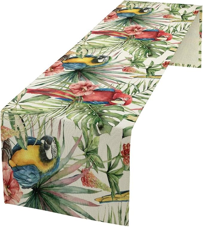 Parrot Table Runner,Tropical Palm Leaf Colorful Macaw Bird Watercolor Print Tablecloth Burlap for Hotel Indoors Outdoor Dining Room Kitchen Home Decor,W13X L60 in