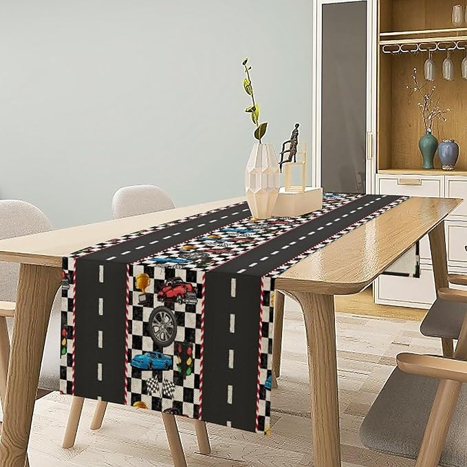 Race Car Table Runner,Checkered Flag Black and White Race Cars Pattern Print Tablecloth Burlap for Hotel Indoors Outdoor Dining Room Kitchen Home Decor,W13X L80 in