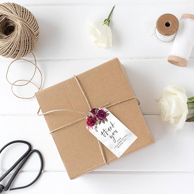 Andaz Press 100-Pack Thank You for Celebrating with Us Favor Tags Burgundy Florals Cardstock Gift Tags with Bakers Twine for Wedding Baby Shower Bridal Shower Birthday Party Favors 2 x 3.75-Inches