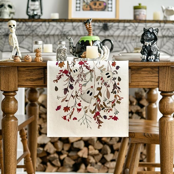 Artoid Mode Ghost Flowers Leaves 210 GSM Halloween Table Runner,Seasonal Fall Kitchen Dining Table Decoration for Home Party Decor 13x48 Inch