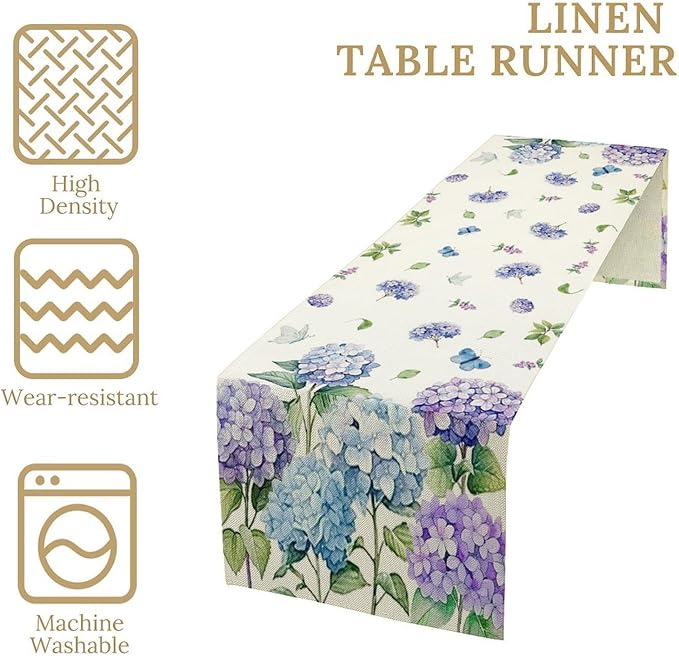 Spring Hydrangea Flower Table Runner, Seasonal Summer Plants Watercolor Florals Butterfly Dinner Runner for Home Kitchen Dining Table Party Holiday Decoration 13"x70"