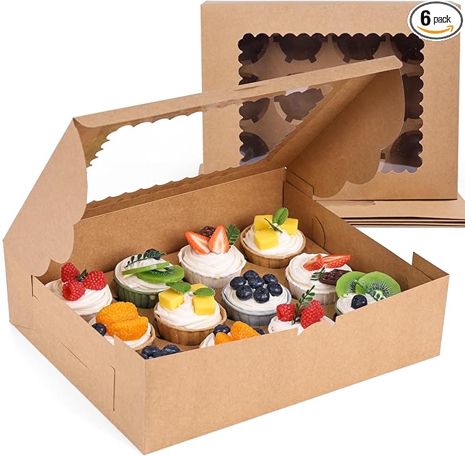 VGOODALL 6PCS Kraft Cupcake Containers, 12 Count with Window Boxes Holding 72 Pastry Box for Birthday Holiday Party Bakery Supplies