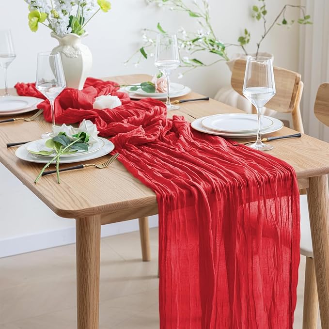 Asee'm Fall Table Runner Cheesecloth 10FT Red Boho Gauze Fabric Rustic Sheer Cheese Cloth Runners for Thanksgiving Wedding Bridal Shower Party Decoration