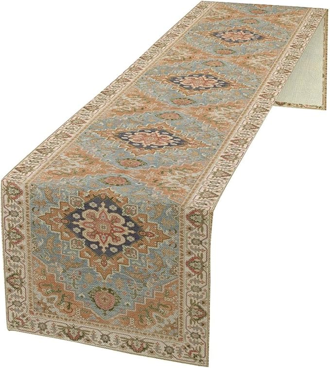 Vintage Boho Floral Table Runner, Rustic Country Farmhouse Grey Blue Orange Bohemia Flower Pattern for Home Kitchen Table Decor Dining Coffee Room Party Decor 13x36in