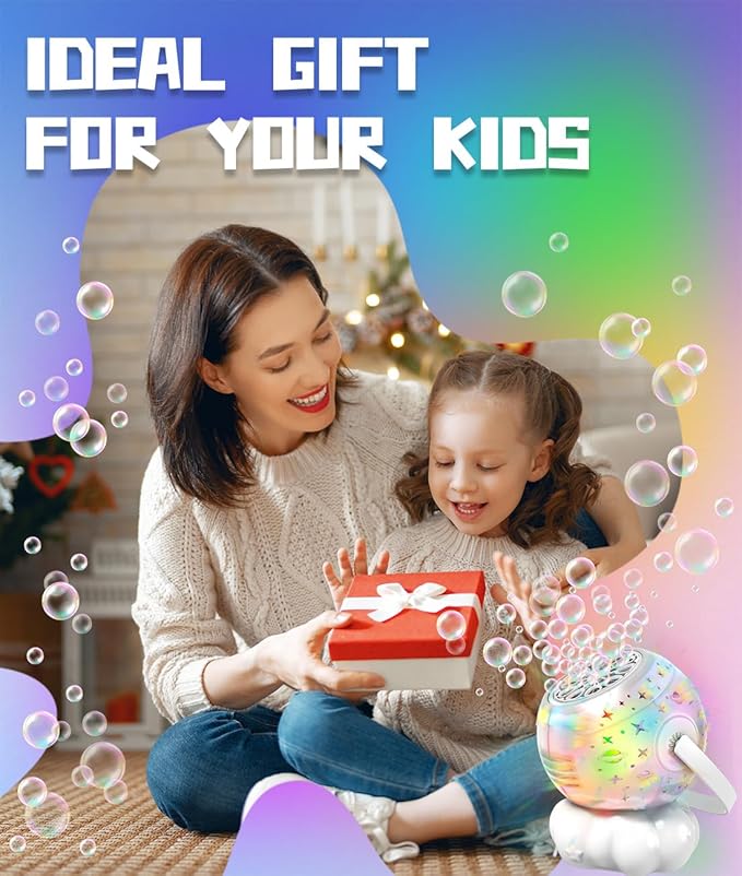 Rechargeable Bubble Machine, Bubble Maker for Kids with Colorful LED Light, Make Large Bubbles, 600mL Capacity - Outdoor Party Birthday Halloween Toys Gifts for Toddlers Ages 3+ Boys Girls
