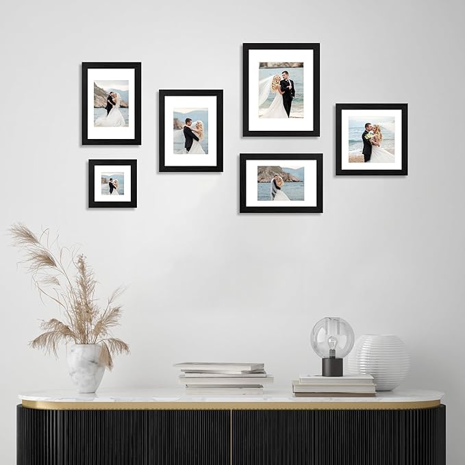 11x14 Picture Frame Set of 4 with Tempered Glass, Black Frame Display 8x10 Picture with Mat or 11 x 14 Without Mat, Rustic Wood Photo Frames for Horizontal or Vertical Wall Mounting