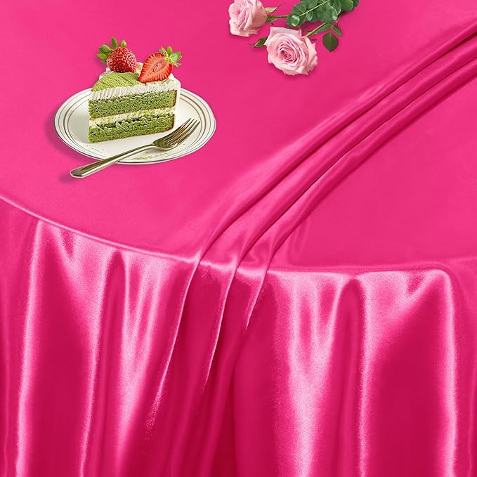 KKJIAF 1 Pack Round Table Cloths 90 Inch, Hot Pink Overlay Round Satin Table Cover, Silky Satin Dining Tablecloths for Wedding Buffet Parties Banquet Decoration