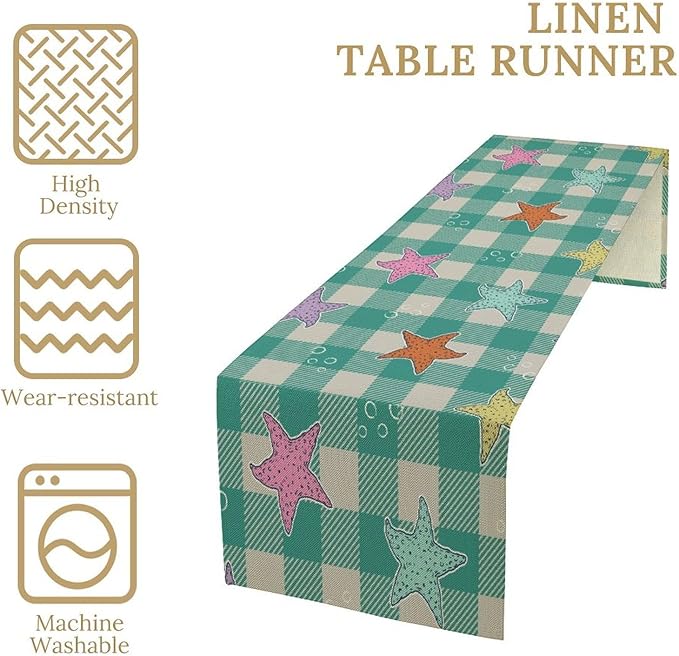 Starfish Plaid Table Flag Green Plaid and Marine Life Starfish Kitchen Table Flag Suitable for Birthday Party Restaurant Decoration Outdoor Picnic 13 * 120 Inch