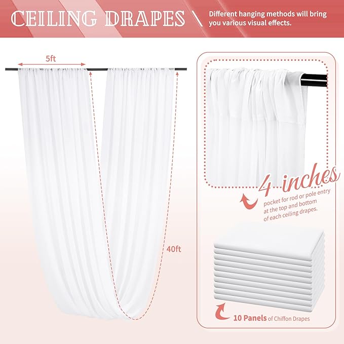 10 Panels White Ceiling Drapes for Wedding 5ftx40ft Sheer Drapery Chiffon Fabric Arch Draping Curtains for Party Ceremony Birthday Baby Shower Reception Stage Ceiling Decorations