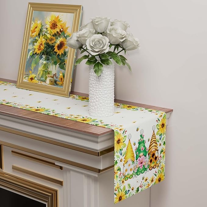 XCHI Yellow White Daisies Flowers Gnomes Spring Table Runner Burlap Table Decoration for Summer Seasonal Home Kitchen Dining Dinner Indoor Holiday Farmhouse Decor 13x60 Inch