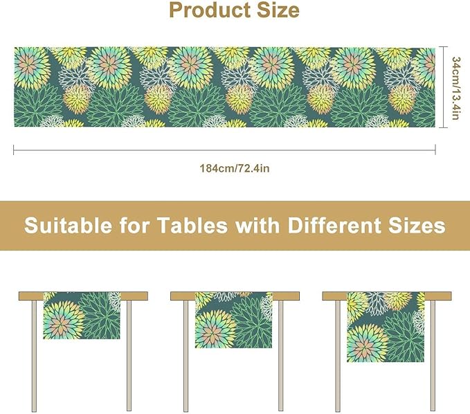 Green Dahlia Flower Table Runner, Linen Geometric Pattern Floral Table Decor Spring Farmhouse Decorations for Kitchen Dining Holiday Party Decor, 13x70 Inch