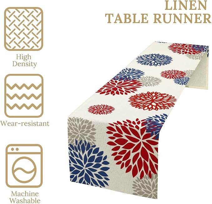 4th of July Table Runner, Blue Red Dahlia Flower American Patriotic Memorial Day Table Runner for Farmhouse Kitchen Dining Table Party Decor, 13x70inch